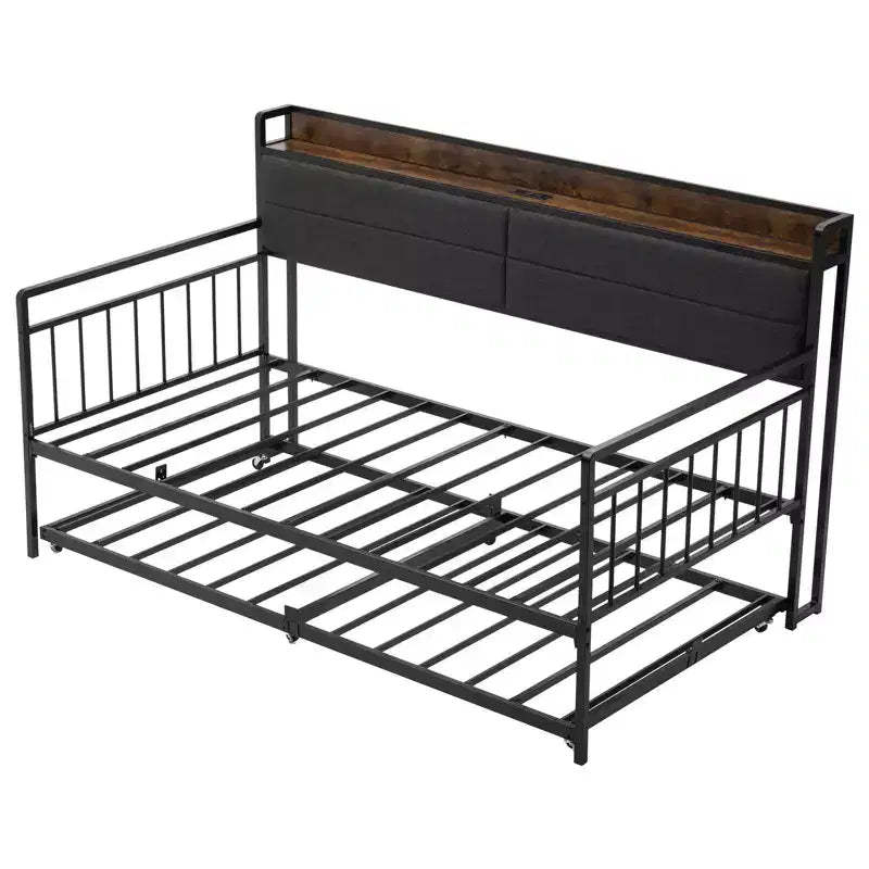 Twin Daybed with Trundle and Charging Station, Metal Frame with Storage Headboard, 880 lb Capacity