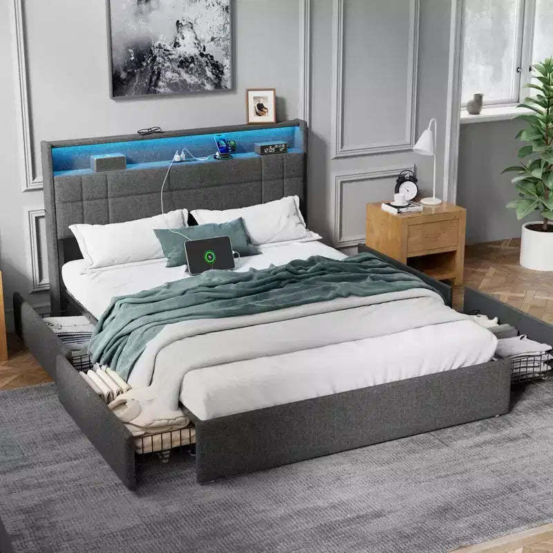 Modern Queen Bed Frame with Charging Station LED Lights 4 Storage Drawers Gray Upholstered Headboard Metal Slats No Box Spring Needed