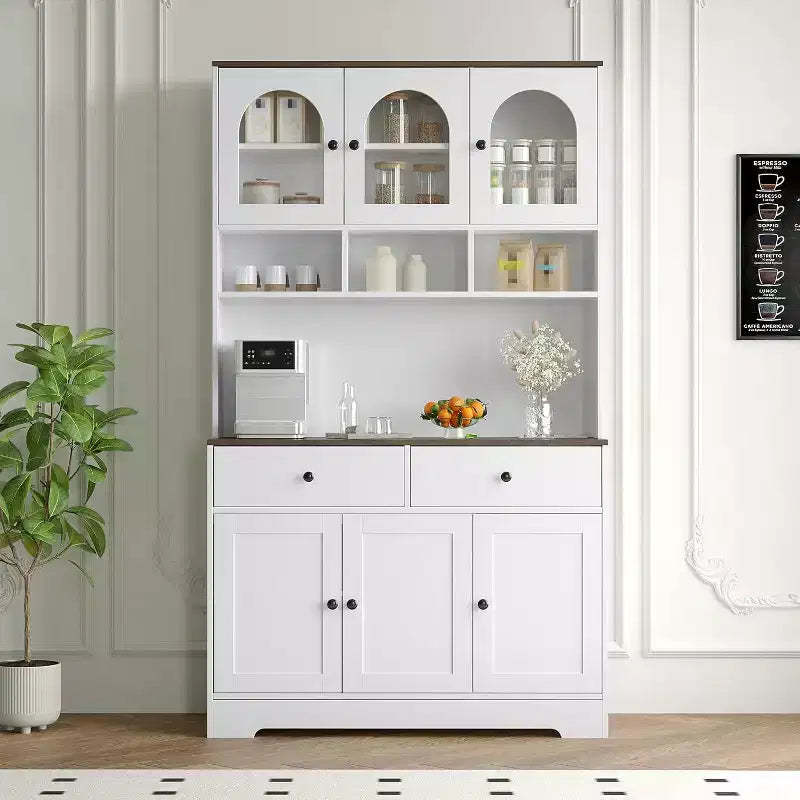 Farmhouse Kitchen Pantry Cabinet, 71 Tall Freestanding Hutch with Open Shelves and Countertop for Kitchen or Dining Room