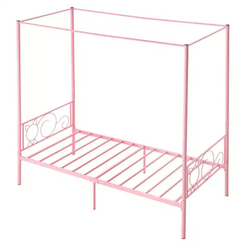 Twin Canopy Bed Frame with Four Poster Design, Metal Platform Bed, Pink, 300 lb Capacity
