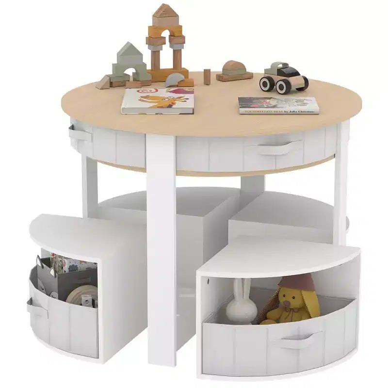 Kids Table and Chair Set, 5 Pieces Wooden Round Nesting Design Children Multi-Activity Table With 4 Storage Stools & 4 Fabric Drawers