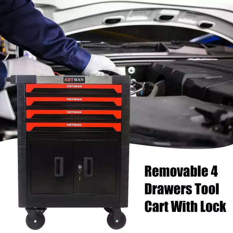 4 Drawer Rolling Tool Cart with Wheels, Heavy Duty Lockable Tool Organizer Cabinet for Garage Workshop