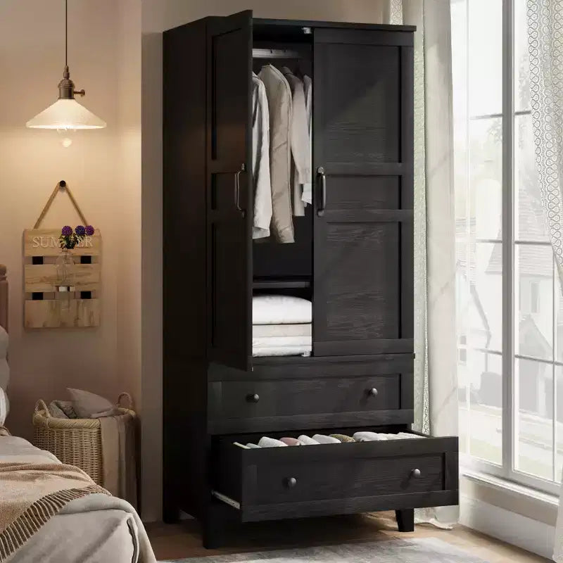 Armoire Wardrobe Closet with 2 Drawers,72 Wooden Tall Clothing Wardrobe Cabinet with Hanging Rod, Armoire with Doors Adjustable Shelves for Bedroom