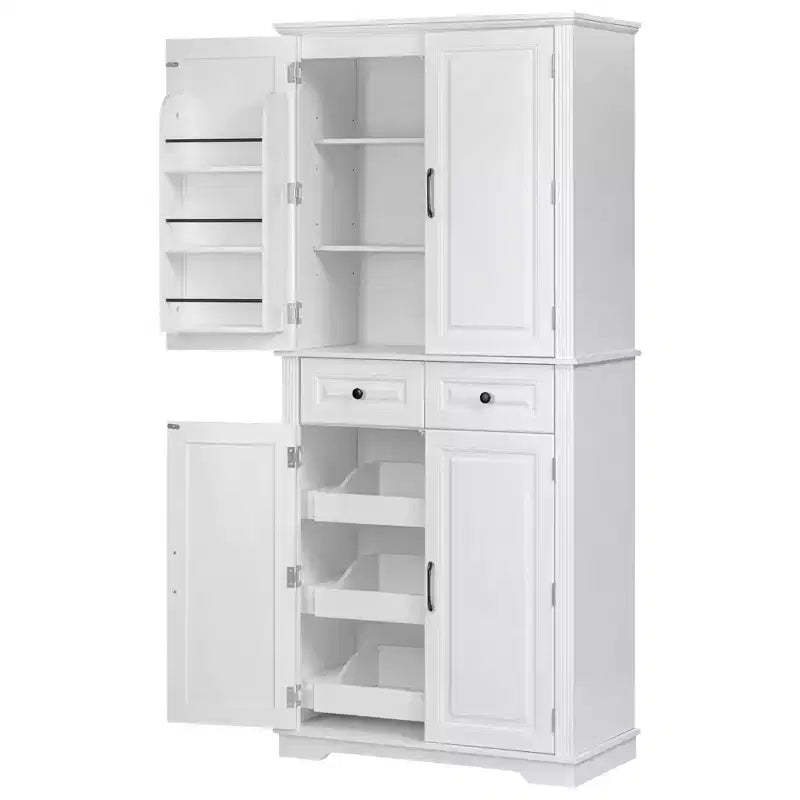 sumyeg 71 Kitchen Pantry Cabinet with 3 Pull-Out Organizers, 2 Drawers, 6 Door Shelves, Embossed Farmhouse Design