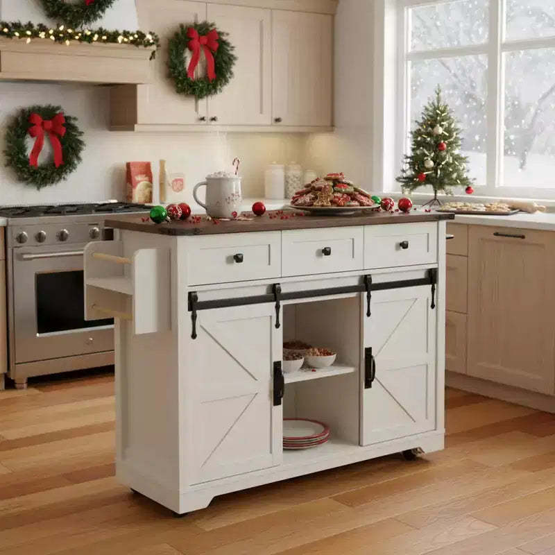sumyeg 53.7 Farmhouse Kitchen Island with Power Outlet, Barn Doors, Drop Leaf, Spice Rack