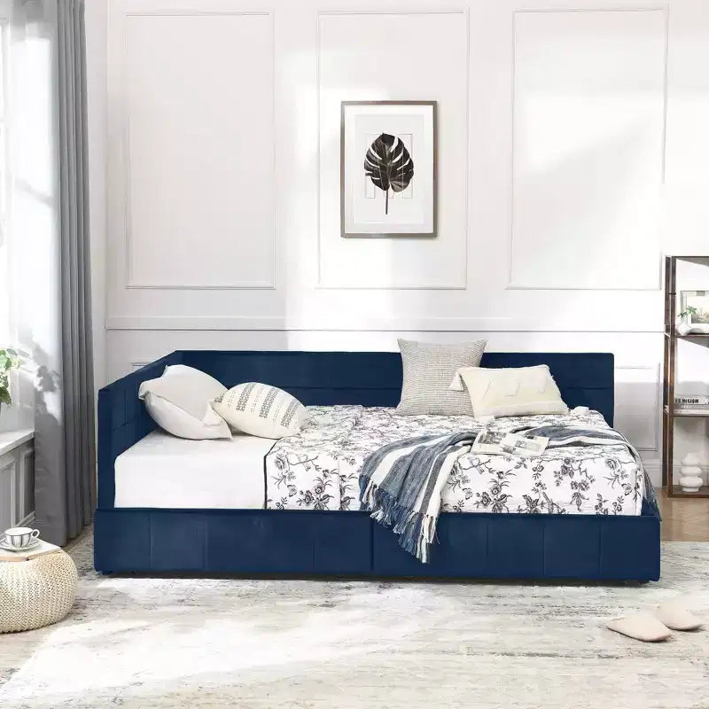MAYEERTY Full Size Storage Upholstered Tufted Bed Frame with Backrest and Armrests for Bedroom Living Room Dark Blue