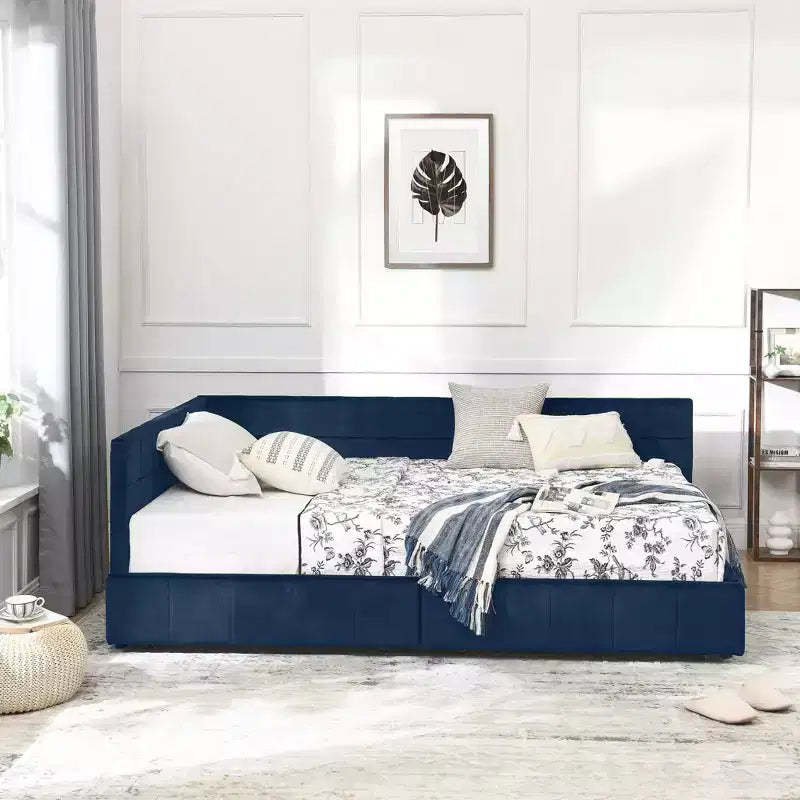MAYEERTY Full Size Storage Upholstered Tufted Bed Frame with Backrest and Armrests for Bedroom Living Room Dark Blue