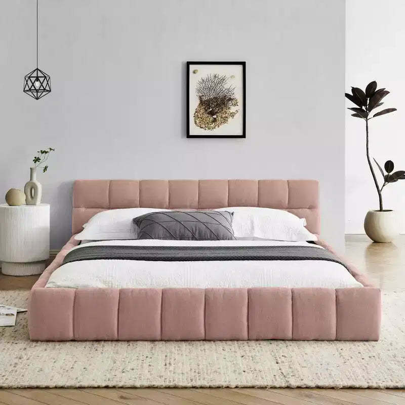 MAYEERTY Queen Size Upholstered Bed Frame with Thick Fabric with Headboard Solid Frame for Bedroom Pink
