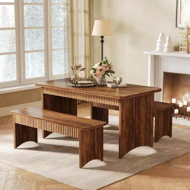 Lantine 55 Dining Table with 2 Benches, Dining Table Set for 4-6 People, Farmhouse Kitchen Table with Bench, Dining Room Table Set