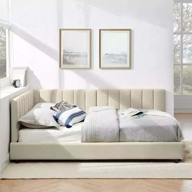 MAYEERTY Full Size Upholstered Tufted Bed Frame with Backrest and Armrests for Bedroom Beige