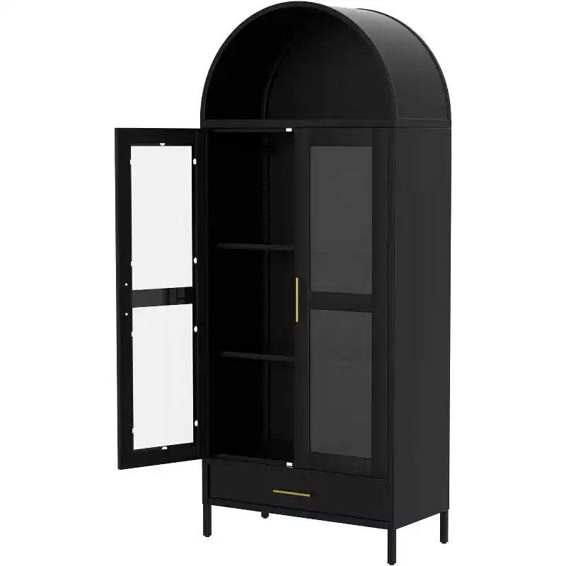 73 Tall Arched Metal Storage Cabinet with Glass Doors & Drawer, Freestanding Modern Pantry Cabinet with Adjustable Shelves, Accent Bookshelf