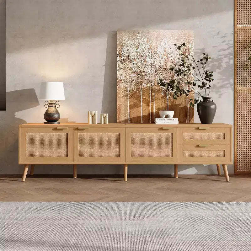 JVNOXK 70-inch Modern Entertainment Rattan-Weave Door TV Stand, Accommodates 80-inch TV, 2 Drawers and Cables, for Living Room