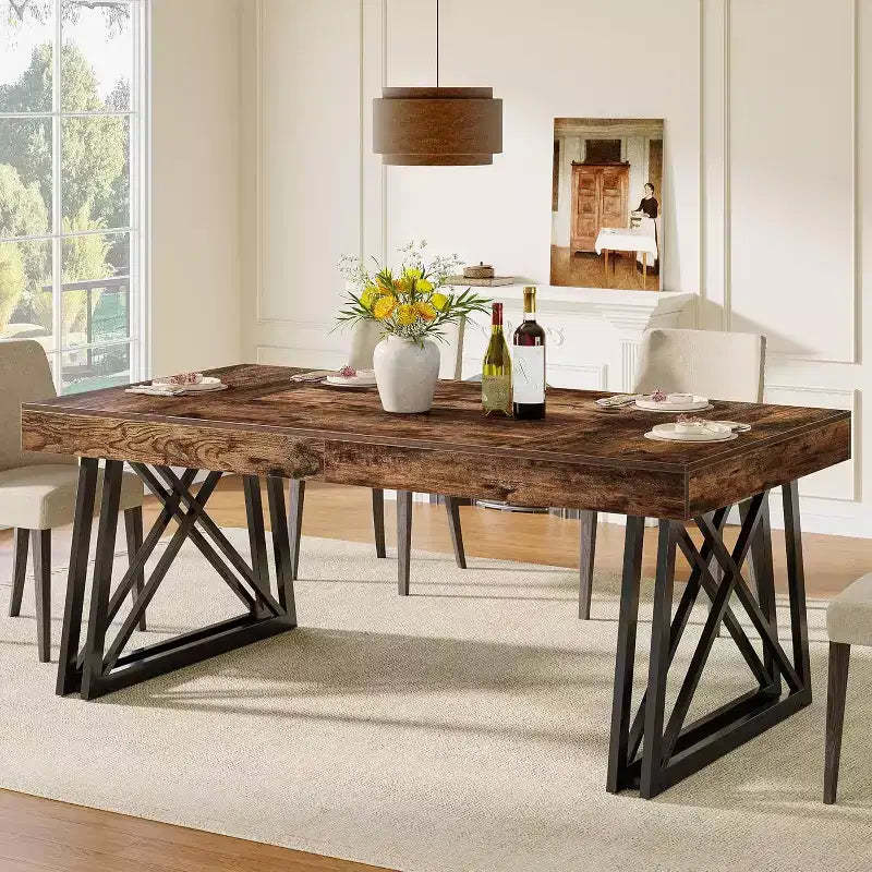 Lantine 63'' dining Table for 4-6, Kitchen Table with Sturdy Metal Legs, Rectangular Dinner Furniture for Living Room, Rustic Brown & Black