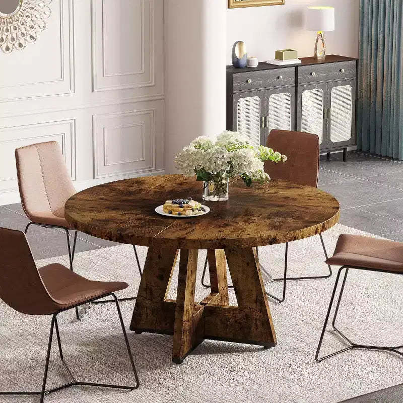Lantine 47-Inch Round Dining Table for 4, Farmhouse Circle Kitchen Table with Wooden Pedestal Base for Kitchen, Dining Room, Living Room, Rustic Brown