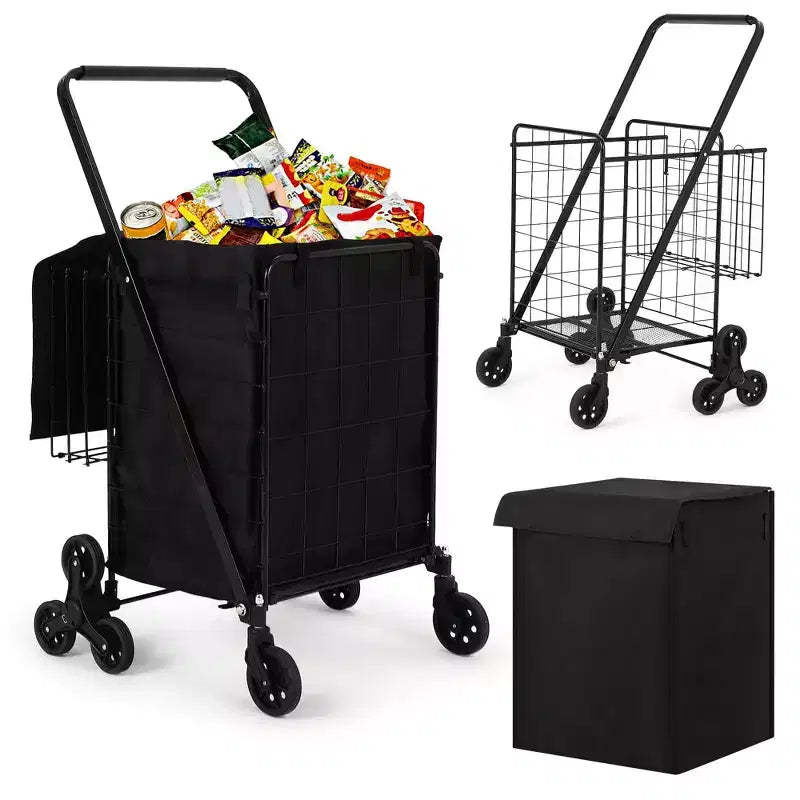 Acekool Stair Climbing Grocery Cart, Collapsible Shopping Cart with Waterproof Liner and 360 Swivel Wheels, Black