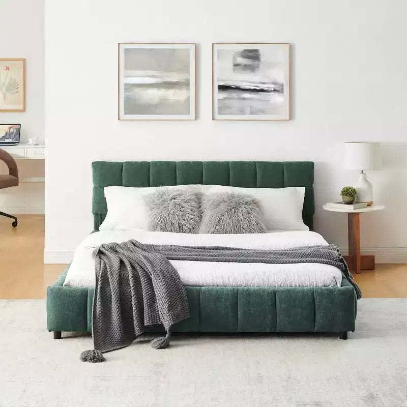 MAYEERTY Queen Size Upholstered Bed with Headboard Chenille Fabric Solid Bed Frame Drawer for Bedroom Blue Green