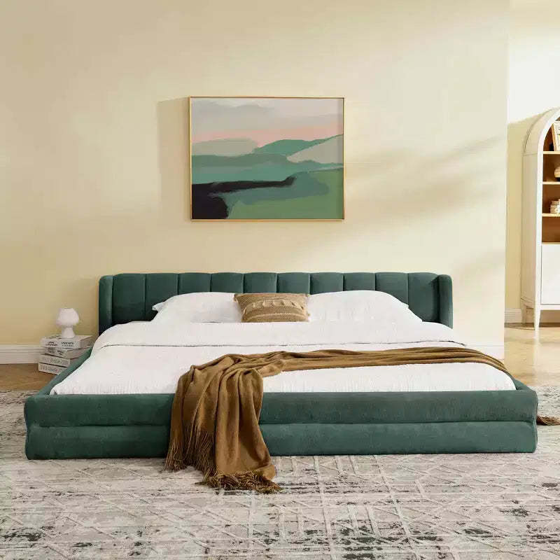 MAYEERTY King Size Upholstered Bed with Headboard Solid Frame Chenille Fabric Solid Frame for Bedroom Blue Green