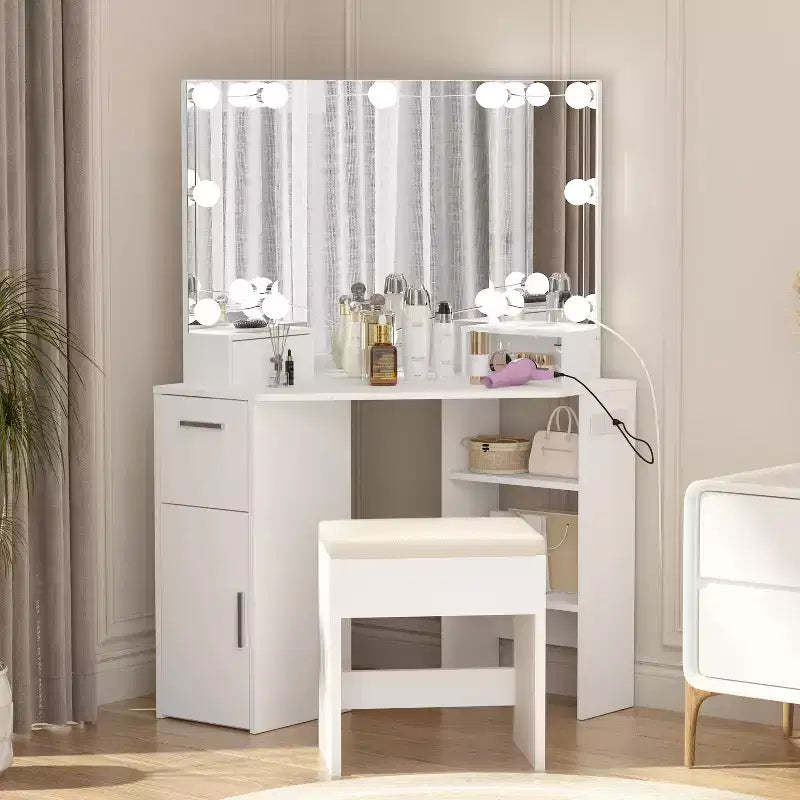 Corner Makeup Vanity Desk w/Mirror & Lights - Vanity Table w/Upholstered Stool, Bedroom Makeup Table w/Storage Shelf, Dressing Table for Women Girls