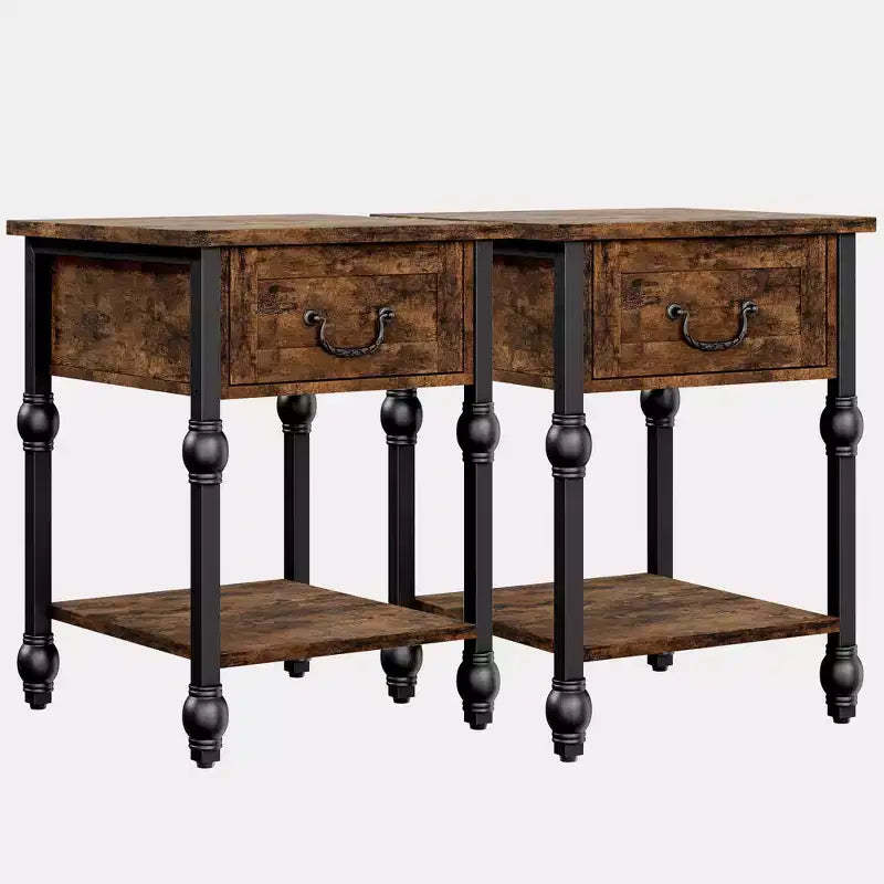 Industrial 2-Piece Nightstand Set with Drawer & Shelf, Metal Frame End Tables with Wooden Top, Space-Saving Accent Tables for Living Room, Bedroom