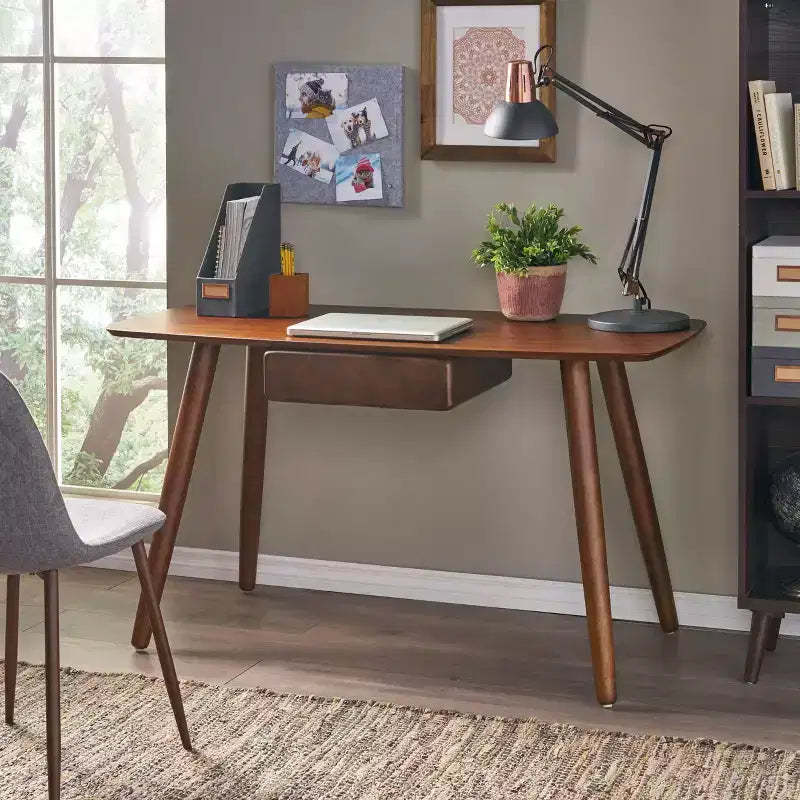 TUYOHW 53 Wooden Study Computer Desk,Modern Home Office Desk with 1 Drawer,4 Wood Legs,Writing Desk for Bedroom,Study,Office,Walnut