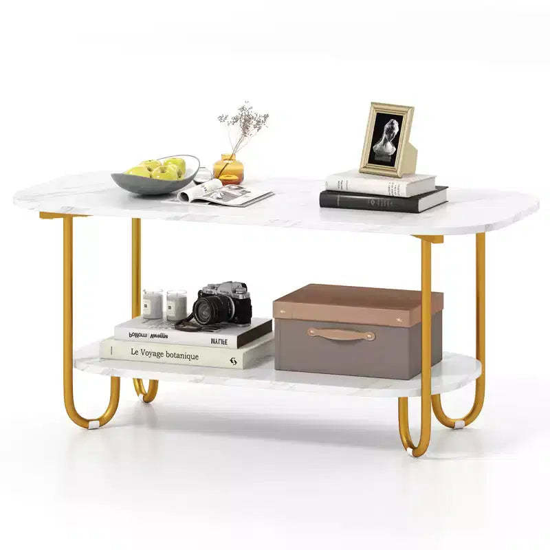 Costway Faux Marble Top Coffee Table w/Metal Frame Rounded Corners & Storage Shelf