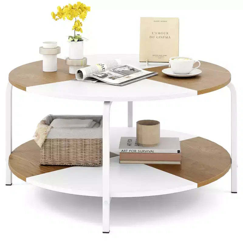 Costway 2-Tier Round Coffee Table w/Storage Shelf Metal Frame for Living Room Apartment White & Brown
