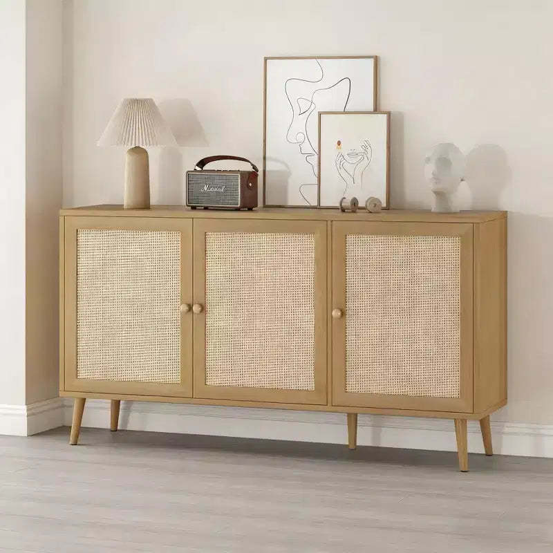 JVNOXK 18-inch Sideboard with 3 Rattan Doors, Modern Kitchen Storage Console, Suitable for Entryway and Living Room, Natural Finish