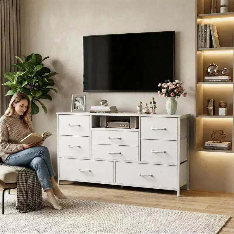 Wide White 8 Drawer Dresser Fabric Storage Chest of Drawers Charging Station Open Shelf Bedroom Nursery Furniture Media Console TV Stand