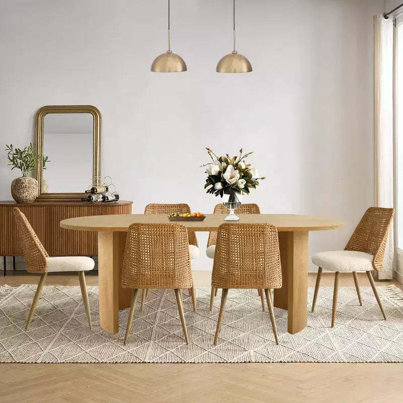 Dining Table Set for 6, Upholstered Dining Chairs with Rattan Backs and Oval Table in Natural Wood-Tone Finish, for Kitchen or Dining Room-Panipeachy