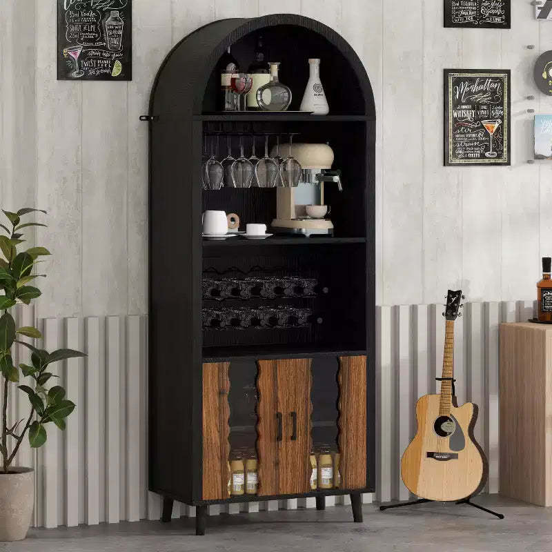 Bar Cabinet 71, Farmhouse Arched Display, Black Arched Cabinet & Coffee Bar, Whiskey Stand with Wine & Glass Rack for Living/Dining Room