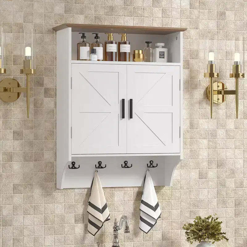 VECELO Wall-Mounted Bathroom Cabinet, Space-Saving Bathroom Storage Cabinet with Adjustable Shelves & Hooks for Bathroom or Entryway, White