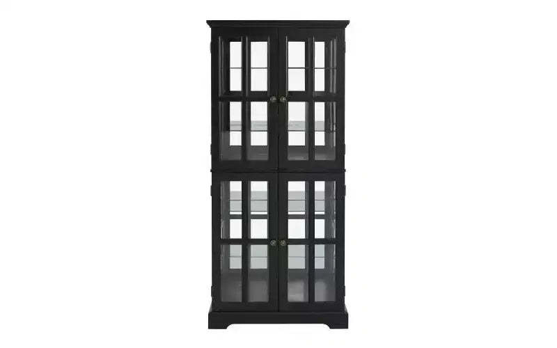 VIYET 69 Antique Curio Bookshelf - Black MDF+Glass, 4 Doors, Adjustable Shelves, E26 Bulb
