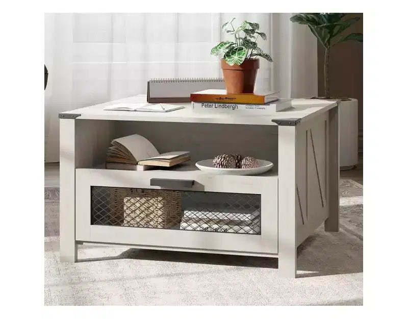 Industrial Coffee Table with 1 Drawer and 1 Shelf, Modern Living Room Table, Farmhouse Coffee table