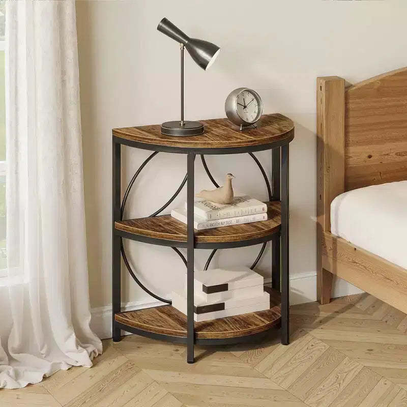 MAYEERTY 3-Tier Half-Round Side Table, Rustic Brown & Black Metal End Table