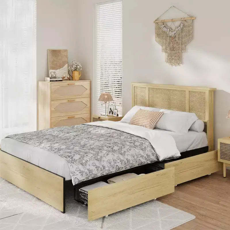 Queen Bed Frame with Rattan Headboard, Sturdy Metal Platform and Wooden Slats, No Box Spring Needed