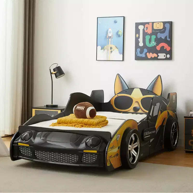 GDFStudio Fauna Twin Size Modern Cartoon Racing Car Bed with LED Headlights