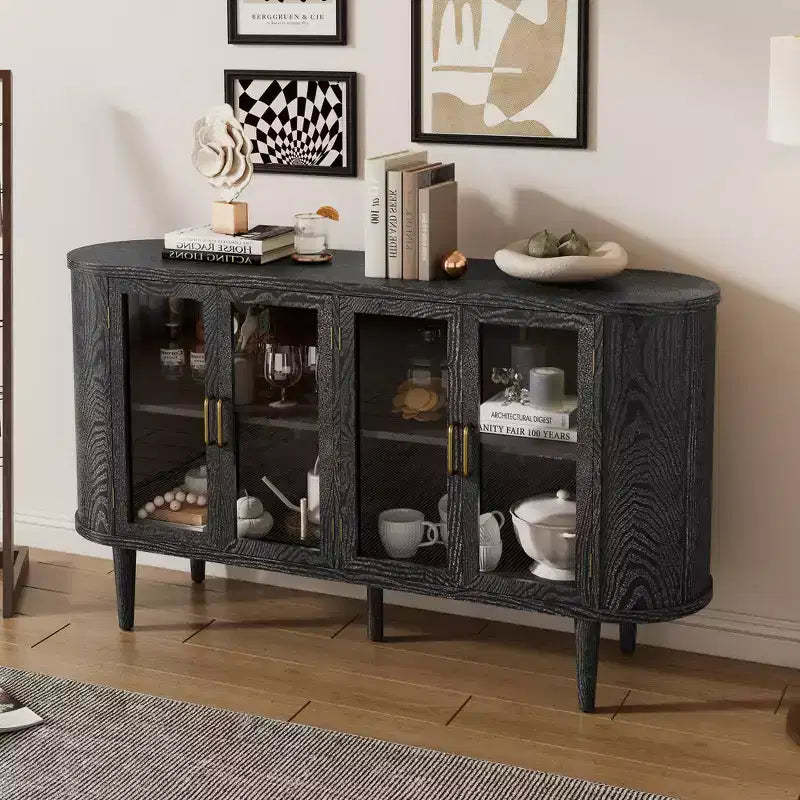 MAYEERTY Sideboard Storage Cabinst Wood with Glass Doors Adjustable Shelves for Living Room Kitchen Black