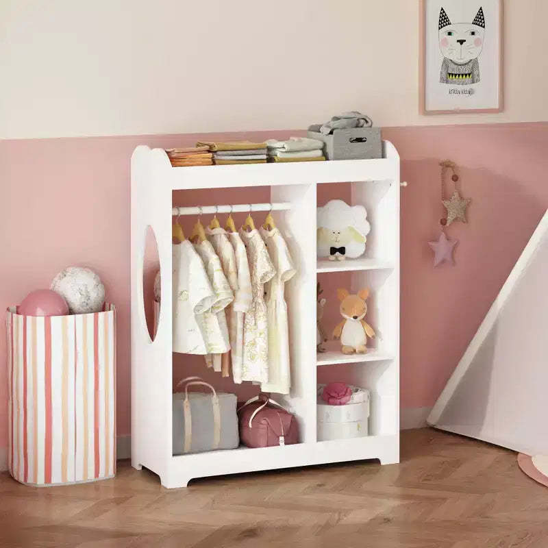 Kids Dress Up Storage Rack with Mirror, Wooden Costume Organizer with Hanging Rod, Hooks & Shelves, White
