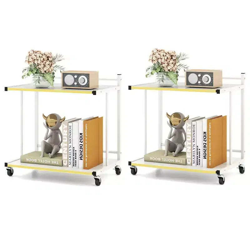 Costway 2PCS Mobile Side Table w/Open Shelves Golden Trimmed Edges Lockable Wheels