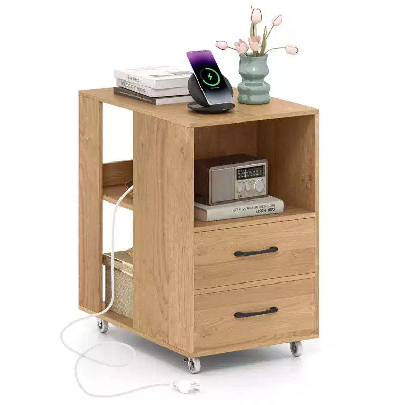 Costway End Table w/Built-in Charging Station USB Ports & Outlets 2 Drawers & 3 Shelves Natural