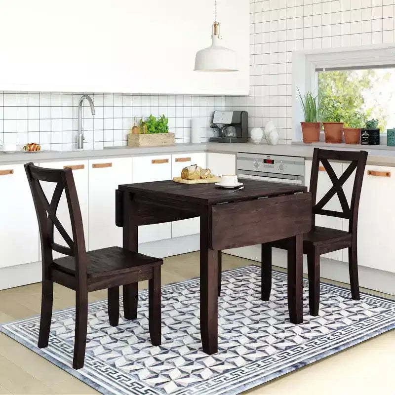 GDFStudio Torquil 3 Piece Ruberwood Dining Set with Foldable Dining Table and 2 X-back Chairs