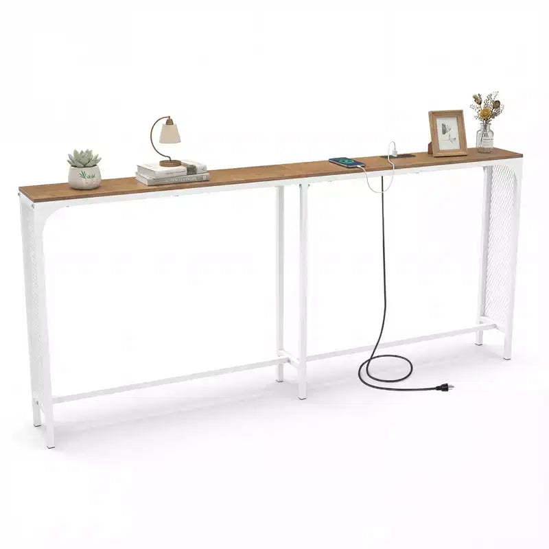 Costway 71'' Console Table w/Power Outlet Metal Frame for Hallway Foyer Living Room Natural & White