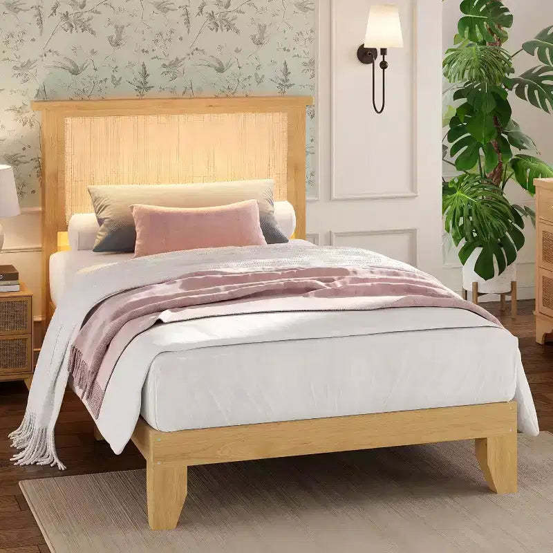 Rattan Bed Frame with Natural Rattan Headboard, Bohemian Rattan Bed Frame, Solid Wood Foundation, Silent Slats, No Box Spring Needed, Easy Assembly