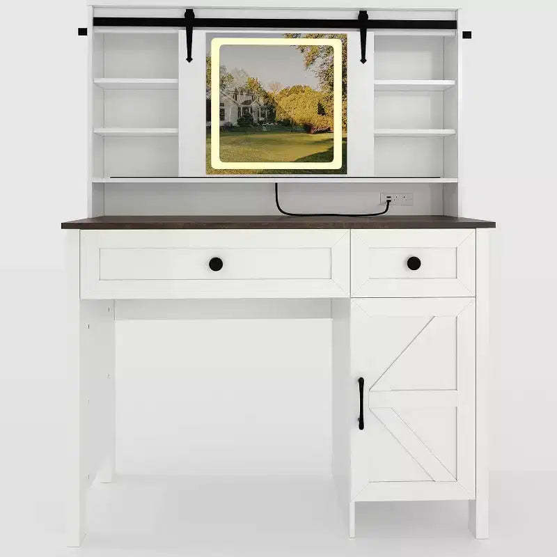 Vanity Desk with LED Lighted Mirror, Makeup Table with Charging Station, Drawers & Storage Stool, Modern White Dressing Table for Bedroom