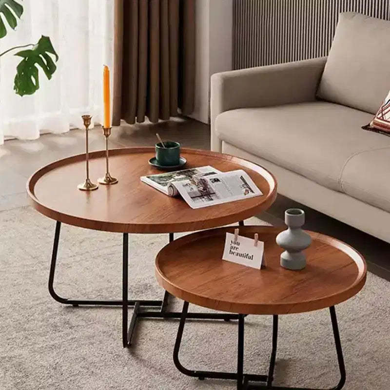 Walnut Nesting Coffee Table Set (70cm+50cm Round) C Fluted Design for Living Room, Bedroom & Office