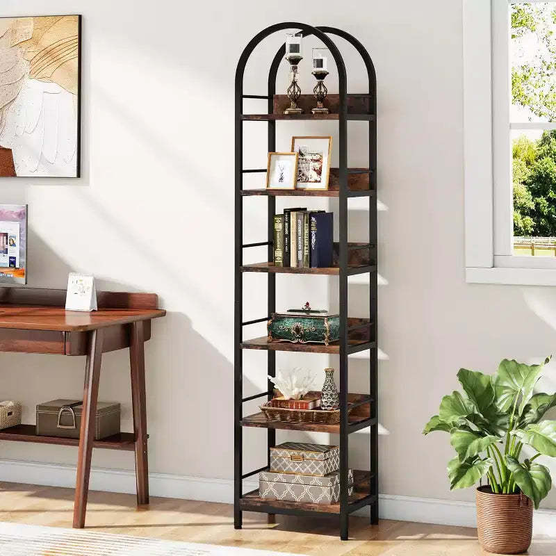 Lantine 78.7 Tall Bookcase, 6-Tier Slim Bookshelf with Metal Frame, Industrial Narrow Book Shelf for Living Room, Study, Bedroom, Rustic Brown