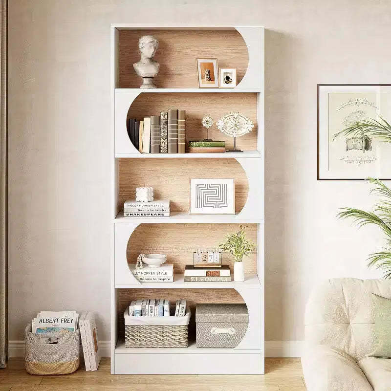 Lantine 70.8-Inch Modern Bookshelf, 5-Tier Tall White Bookcase with Storage, Large Open Shelf for Office, Home, Classroom, White and Walnut