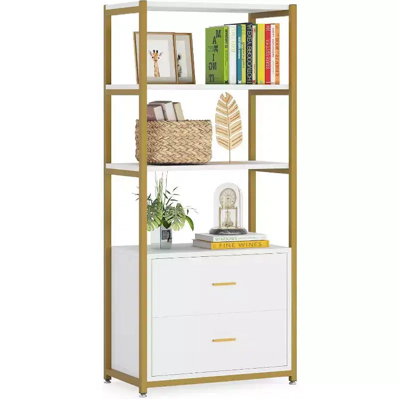 Lantine Bookcase, 4-Tier Bookshelf with 2 Drawers, Etagere Standard Book Shelves Display Shelf for Home Office (Gold/White)