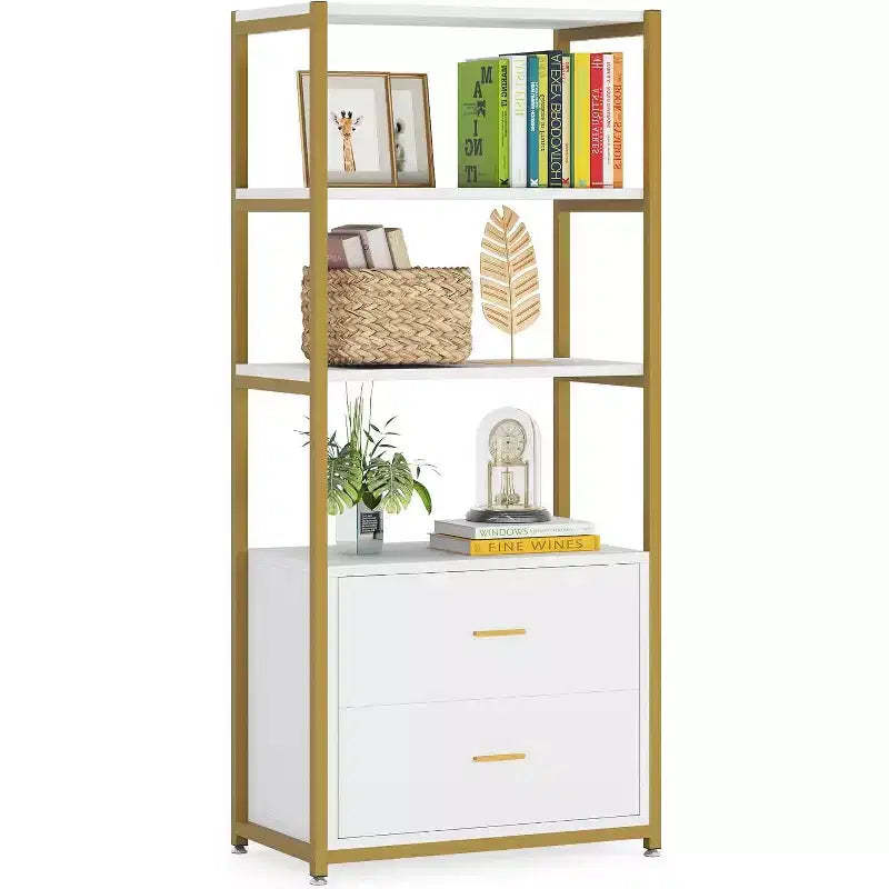 Lantine Bookcase, 4-Tier Bookshelf with 2 Drawers, Etagere Standard Book Shelves Display Shelf for Home Office (Gold/White)