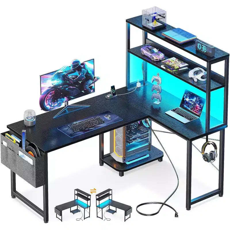 BALHAM TRADE-Gaming Desk with Power Outlets LED Lights 43 Inch Reversible with Shelves Storage Bag